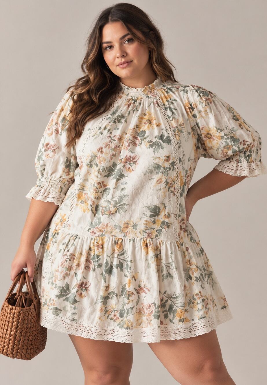 PILCRO Anthropologie Plus Mockneck Cottagecore Lace Ruffle Babydoll Mini Dress